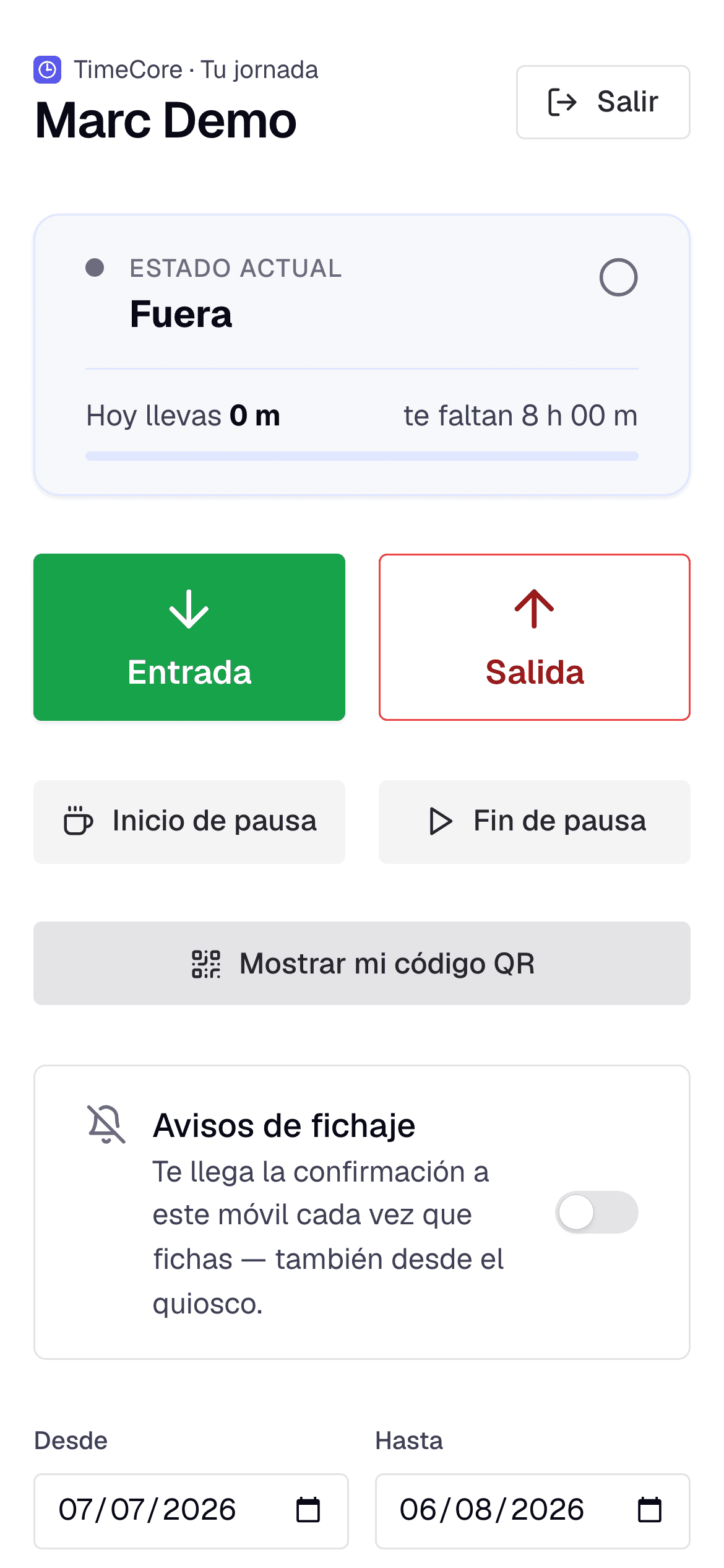 Portal del trabajador en el móvil: «Marc Demo — Dentro desde 09:23, hoy llevas 5 h 04 m», botones de Entrada, Salida y pausas, y el aviso de confirmación de fichaje en el móvil.