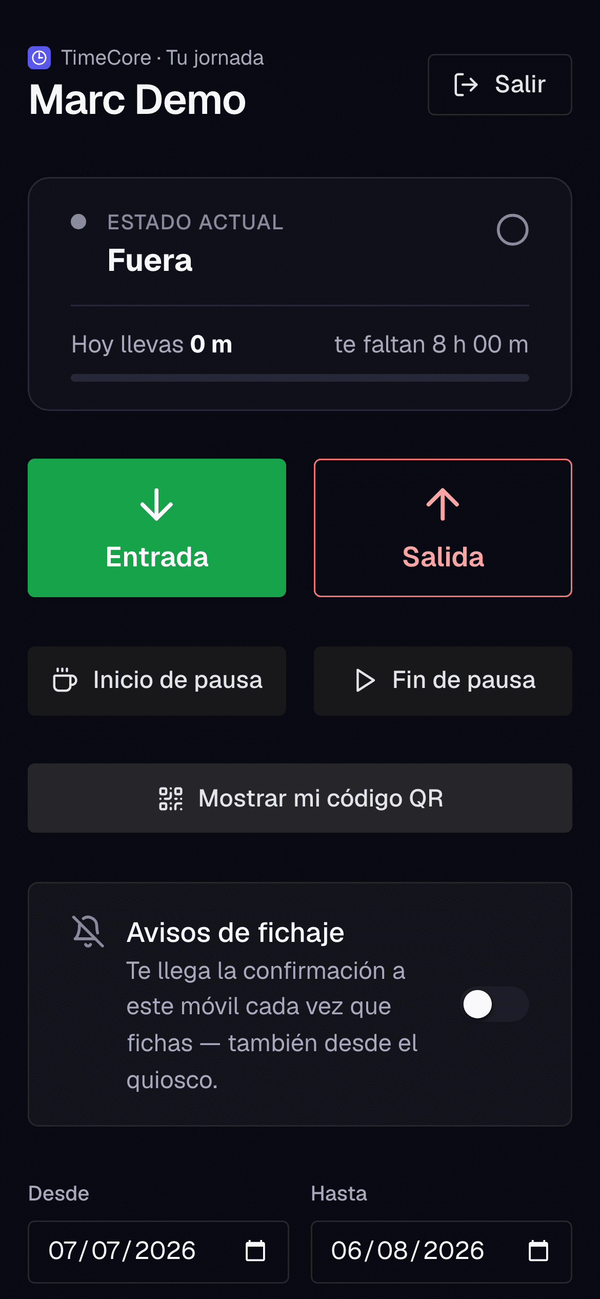 Portal del trabajador en el móvil: «Marc Demo — Dentro desde 09:23, hoy llevas 5 h 04 m», botones de Entrada, Salida y pausas, y el aviso de confirmación de fichaje en el móvil.