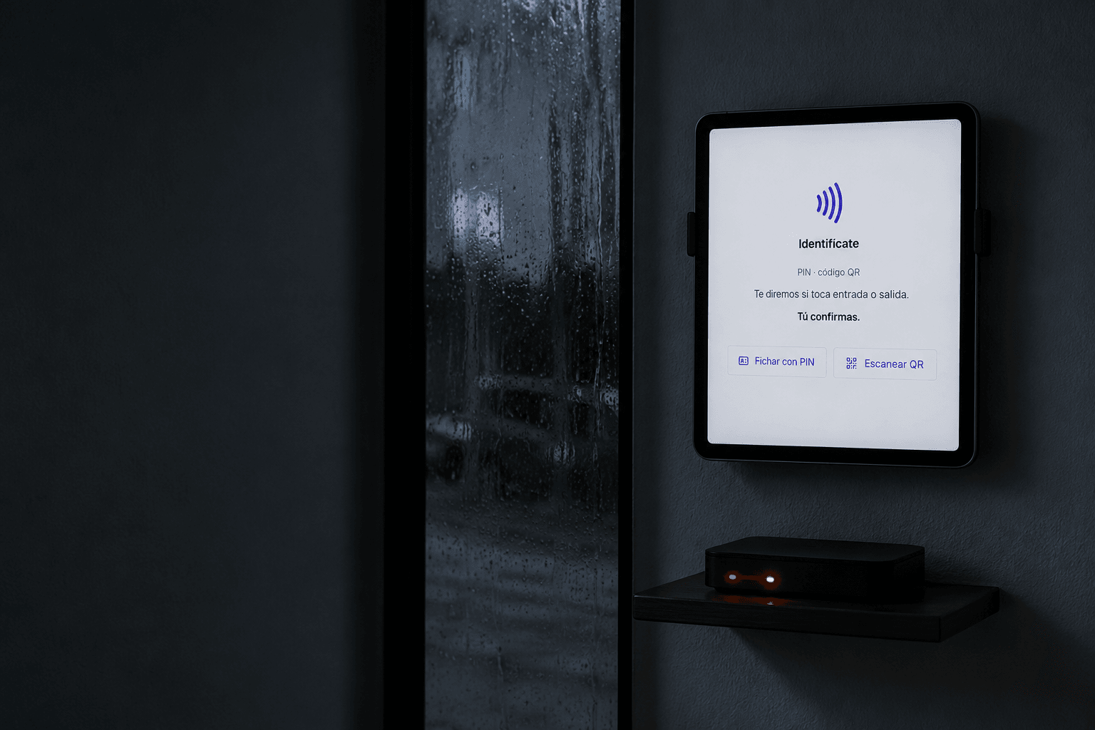 La entrada de una empresa a oscuras durante una tormenta: el fichador sigue encendido en la pared con la pantalla «Identifícate», y debajo el router tiene dos luces en rojo y ámbar.
