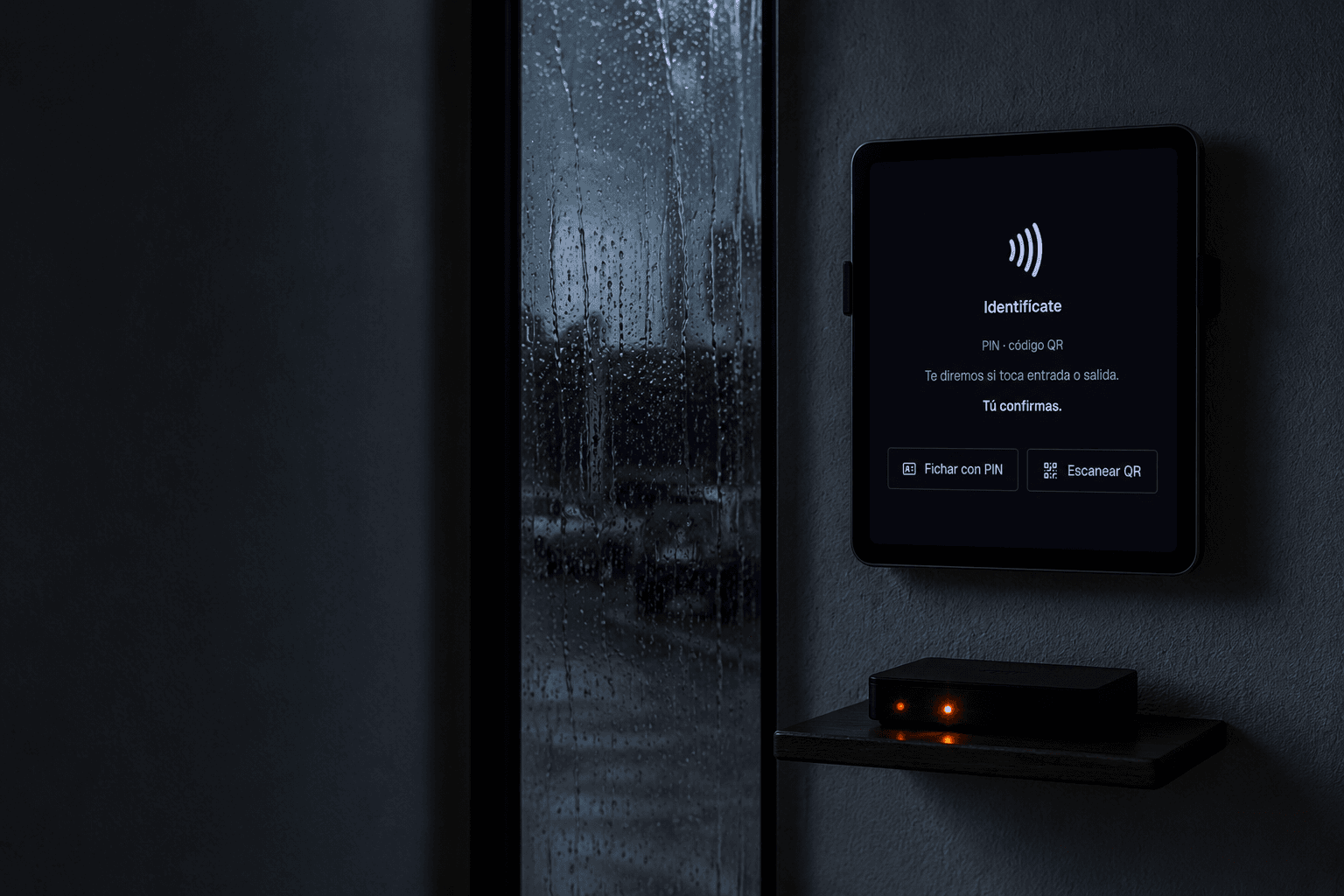 La entrada de una empresa a oscuras durante una tormenta: el fichador sigue encendido en la pared con la pantalla «Identifícate», y debajo el router tiene dos luces en rojo y ámbar.